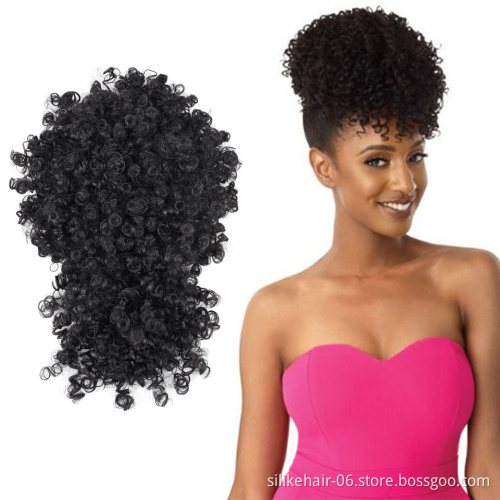 Cheap Brown Black Afro Puff Hair Pieces Short Kinky Curly Drawstring Ponytail Chignon With Bangs Synthetic Hair Bun Extensions